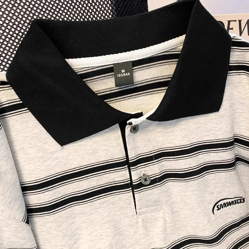 Threebooy High street hip-hop men and women trendy personalized striped polo short sleeved couple summer loose retro casual Harajuku top