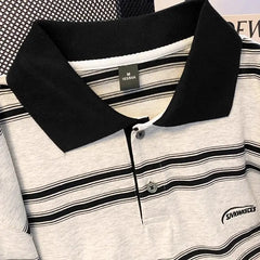 Threebooy High street hip-hop men and women trendy personalized striped polo short sleeved couple summer loose retro casual Harajuku top