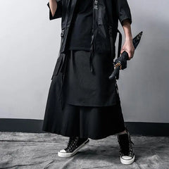 Threebooy Techwear Wide Leg Pants Punk Gothic Black Trousers Male Goth Cotton Linens Summer Japanese Style Streetwear Hip Hop