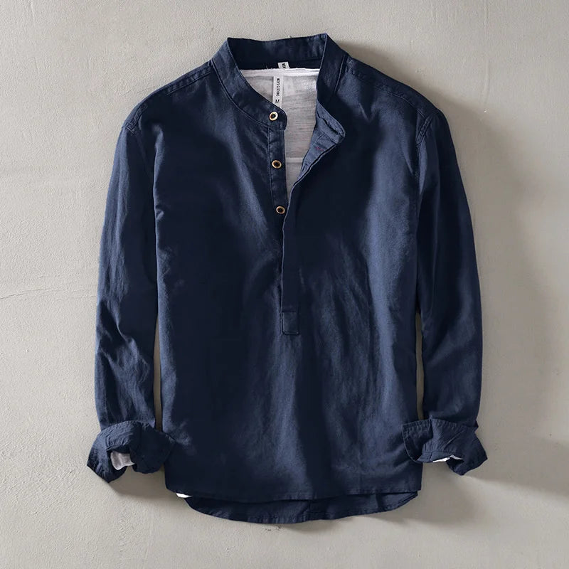Threebooy  Solid Color Men's Long Sleeve Shirt Japanese Styles Standing Collar Loose Fitting Classic Pullover Half-cardigans Shirt Tops