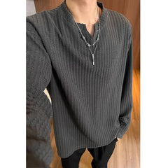 Threebooy Autumn Long Sleeved T-shirt Men Solid Color Casual V-neck T Shirt Men Streetwear Korean Loose Pullover Stripe T Shirt Mens Top
