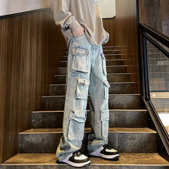 Threebooy Harajuku Muti-pockets Cargo Jeans Men's Washed Patchwork Straight Casual Trousers Couple Streetwear Loose Fashion Pants