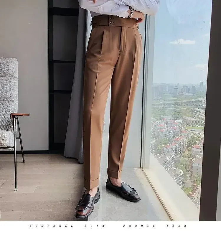 Threebooy Nadir Coffee Color Men's Trousers Classic Trendy Paris Button Single Pleat Slims Smooths Your Silhouette Business Casual Pants