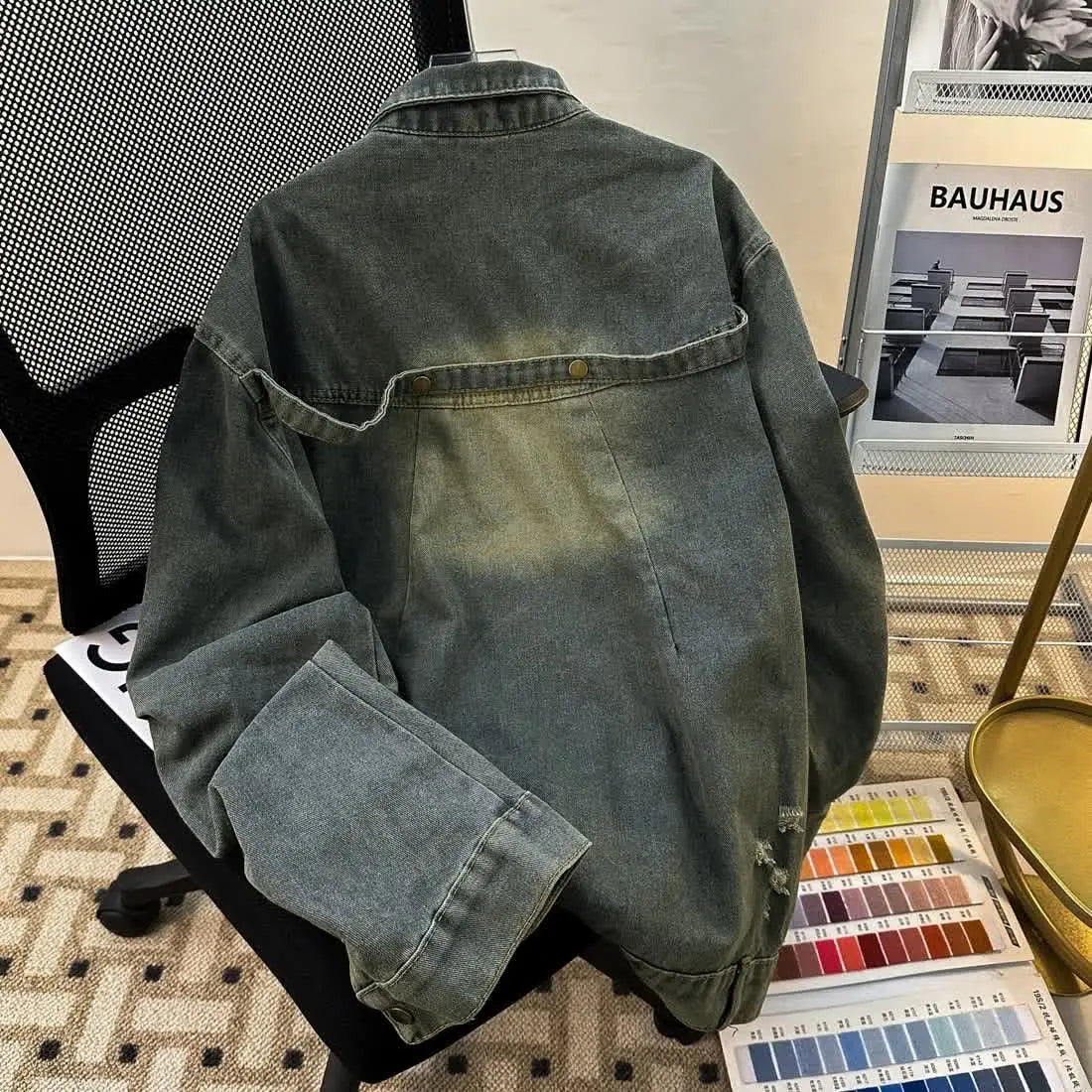 Threebooy  American Retro Niche Button Jeans Coat Design Zipper Loose Washed Denim Jacket Men's Autumn High Street Jacket Top Spring Autumn