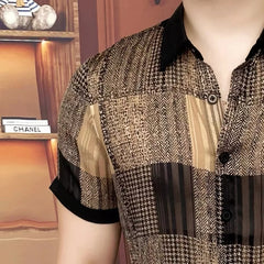 Threebooy   Summer Shirt Men's Slim Fit Handsome Business Casual Shirt Short Sleeve Versatile Trendy Ice Silk Breathable Vacation Shirt