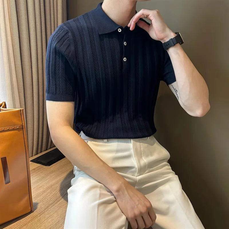 Threebooy New Trend Men Jacquarded Polo Shirt Leisure Luxury High Quality Knit Tops British Style Fashion Breathable Short Sleeve Knitwear
