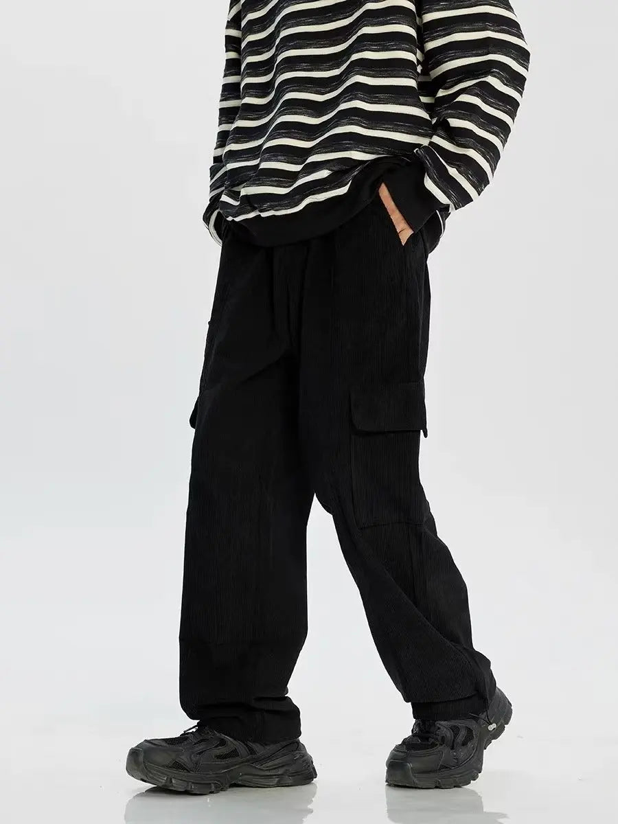 Threebooy Corduroy Cargo Pants Men Oversize Wide Leg Cargo Trousers Male Streetwear Hip Hop Harajuku Green Loose Japanese Vintage