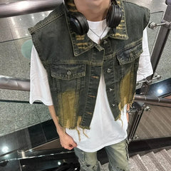 Threebooy American Style Vintage Denim Vest Cropped Fringed High Street Jacket Casual Loose Fit Sleeveless Tank Top For Men Women