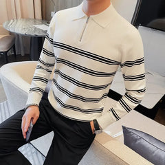 Threebooy Casual Fashion Polo Collar Knitwear Men's Autumn and Winter New Striped Stretch Top Zipper Collar Pullover Sweater Men's Coat