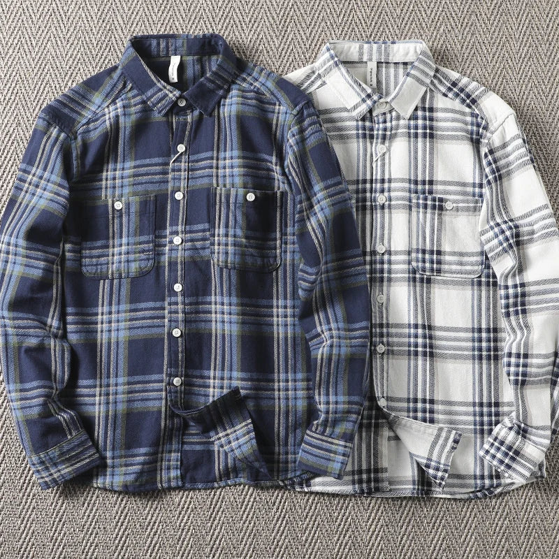 Threebooy  Spring Autumn Heavyweight Pure Cotton Checkered Shirt Male Clothing Simple Versatile Men's Casual Long Sleeve Plaid Shirt Jacket