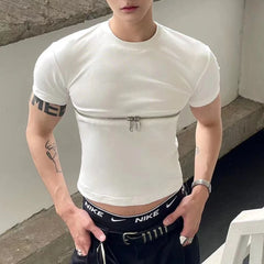 Threebooy Fashion Crop Tops Men T Shirt Zipper Solid O-neck Short Sleeve T Shirt Summer Y2k Streetwear Unisex Short Tees Casual Camisetas