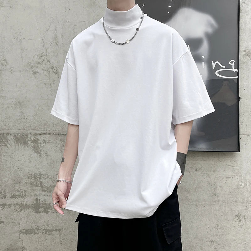Threebooy Men Tshirt Solid Streetwear Turtleneck Hip Hop Male Oversized T shirts Man Casual Short Sleeve Top Tees Black/White/Purple