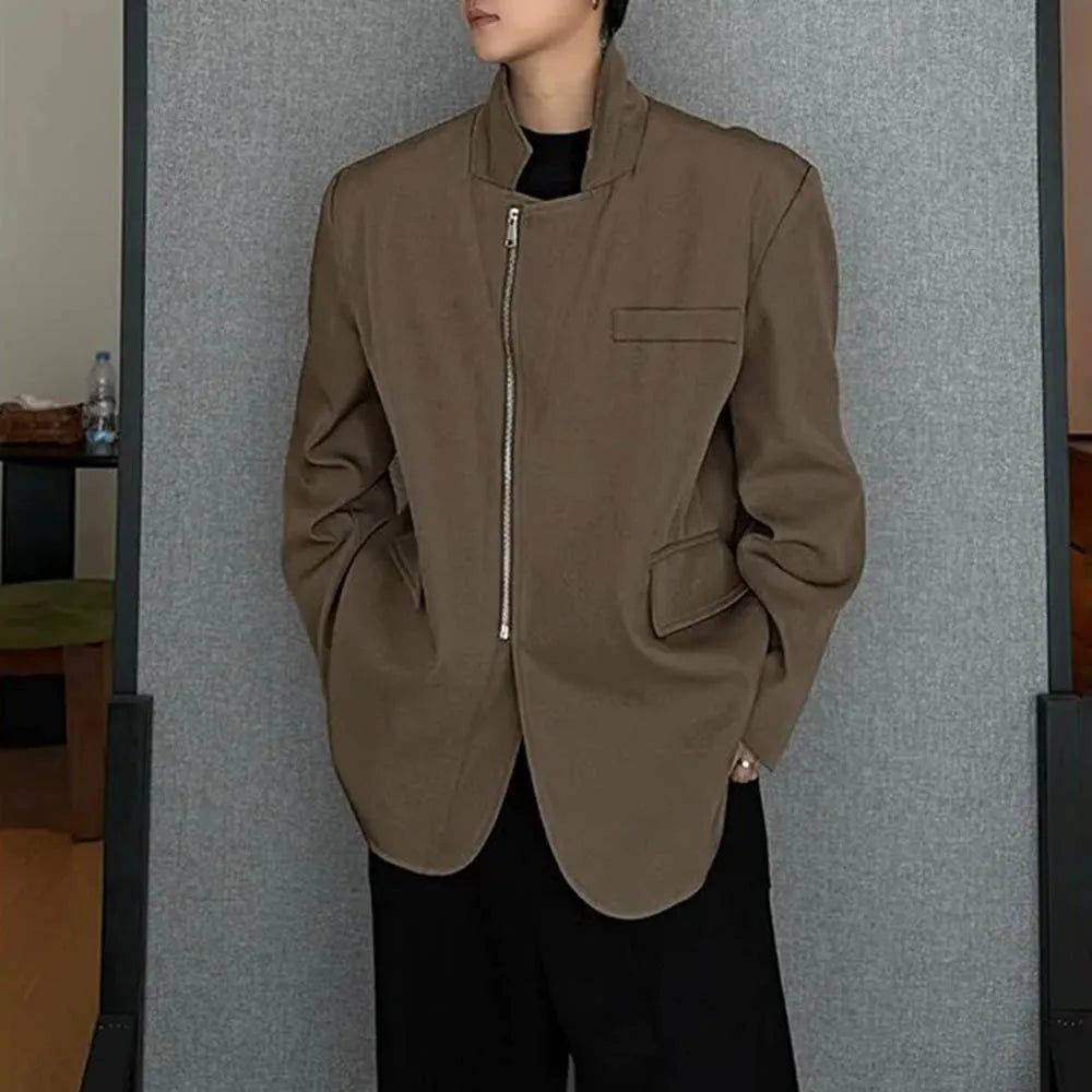 Threebooy  Men's Zipper Long-Sleeved Suit Jacket American Retro Fashion Trend High Street Loose Casual Breathable Niche New Men's Tops