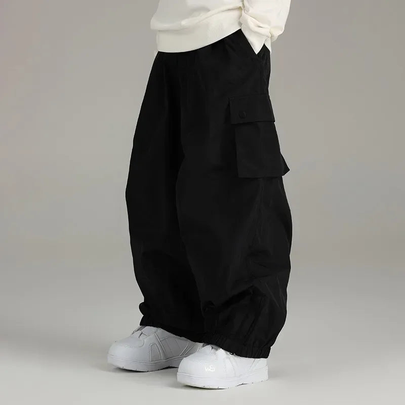 Threebooy Spring Autumn Waterproof Windproof Loose-fit Single Board Ski Pants Men's Women's Outdoor Sports Multi-pocket Casual Pants