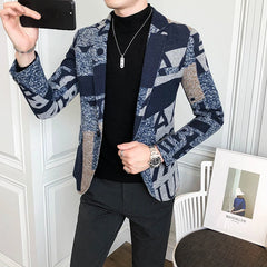 Threebooy Letter Print Wool Woolen Blazer Men Winter Men Blazer Casual Suit Jacket Slim Party Club Wedding Social Blazer Homme S-5XL