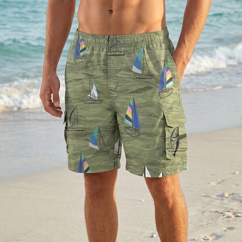 Threebooy  Mens All Over Print Beach Shorts with Multi Pockets Summer Quick Dry Board Shorts with Internal Drawstring Swim Trunks Swimwear