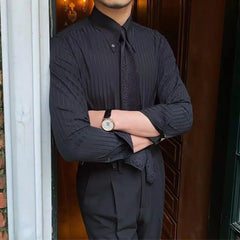 Threebooy  New Spring and Autumn Advanced Korean Edition Trendy Temperament Elastic Non Ironing Long Sleeve Polo Neck Striped Shirt