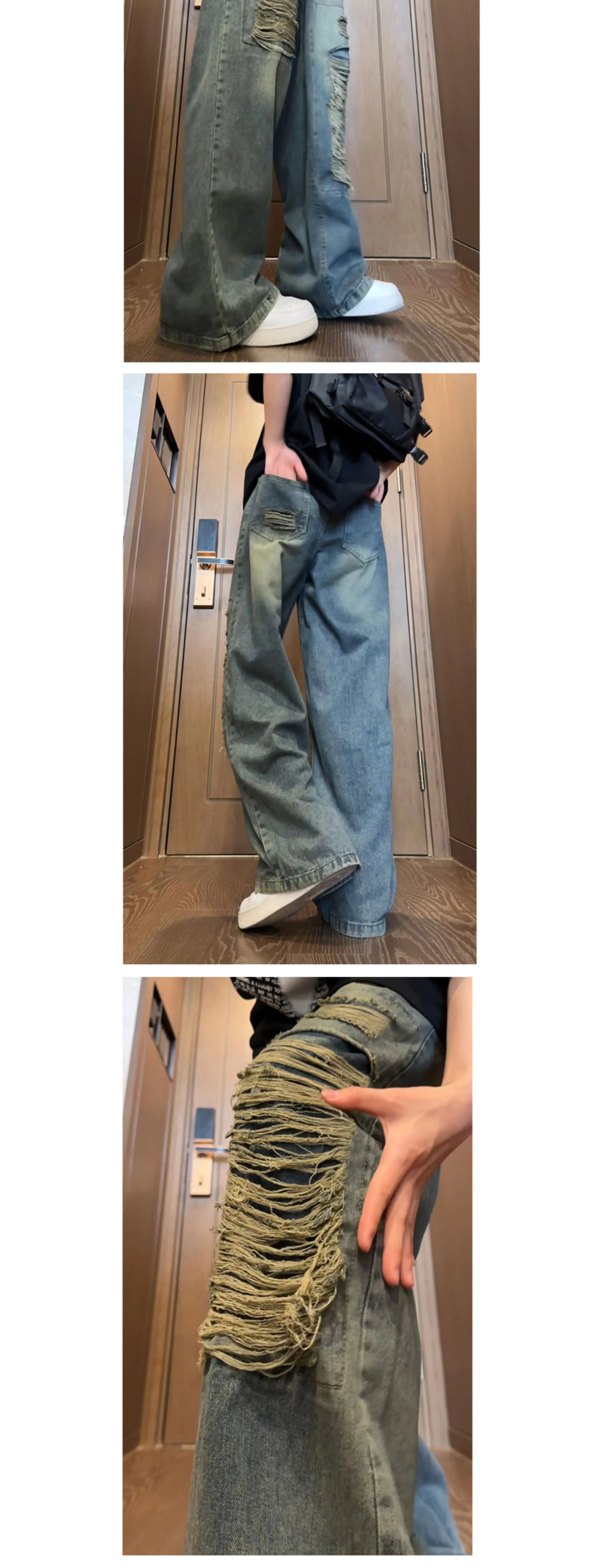 Threebooy Beggar jeans men Vintage Streetwear Ripped Hole Jeans Men Women Harajuku Aesthetic Wide Leg Denim Trousers Unisex Straight Pants