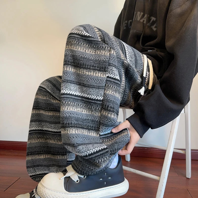 Threebooy Autumn Woolen Pants Men Fashion Retro Stripe Pants Men Streetwear Hip-hop Loose Wide Leg Pants Mens Vintage Trousers Large Size
