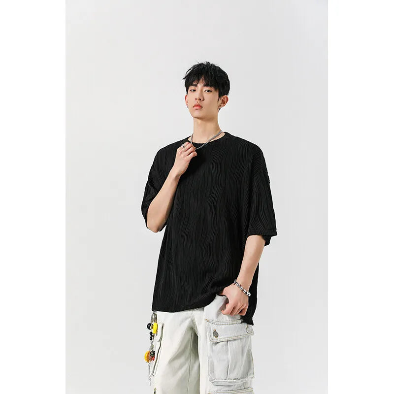Threebooy Round Neck Ice Silk Pleated T-Shirt Men's Quick Drying Breathable Casual T Shirt Leisure Sport T-shirt Men Plus Size 8XL-M