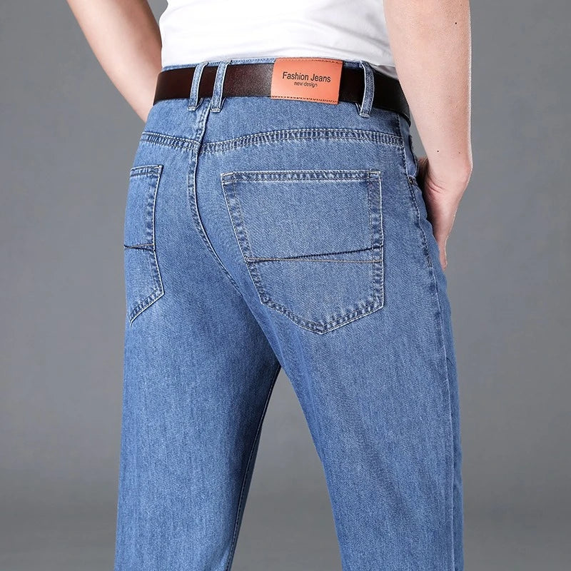Threebooy  100% Cotton Men's Brand Thin Business Jeans Straight Slim Classic Male Trousers Fashion Casual Breathable Summer Denim Pants