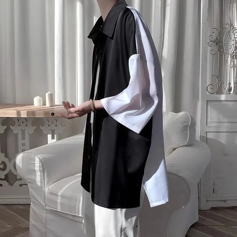 Threebooy  Stitched Contrasting Color Shirt Men's Summer Loose Trendy Brand Three-quarter Sleeve Inch Trend