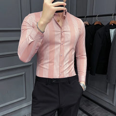 Threebooy  Autumn New Striped Long Sleeve Shirt Men's Korean Slim Business Dress Shirts Casual Streetwear Social Party Tuxedo Chemise Homme