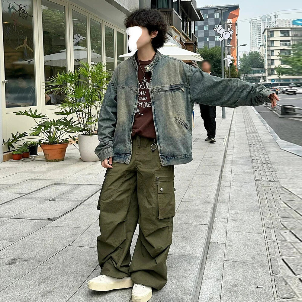 Threebooy Waed adual Denim Jaet Men's Spring Autumn Zipper Cardigan American Retro Jaet Heavy Work Small Stand Collar Jeans Coat