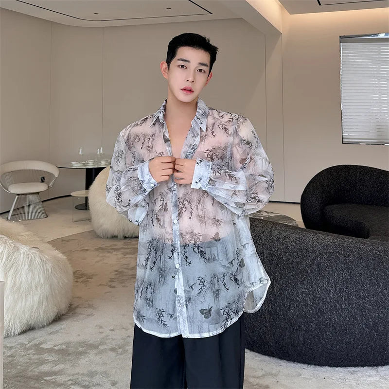 Threebooy Transparent Shirt Men Fashion Printed Harajuku Shirt Top Korean Loose Casual Clothes Sun-proof Daily All-match Summer Holiday