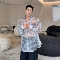 Threebooy Transparent Shirt Men Fashion Printed Harajuku Shirt Top Korean Loose Casual Clothes Sun-proof Daily All-match Summer Holiday