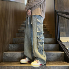 Threebooy Multi-pockets Ribbons Jeans Men Wide Leg Denim Pants Straight Baggy Men's Cowboy Hip Hop Streetwear Neutral Mopping Trousers