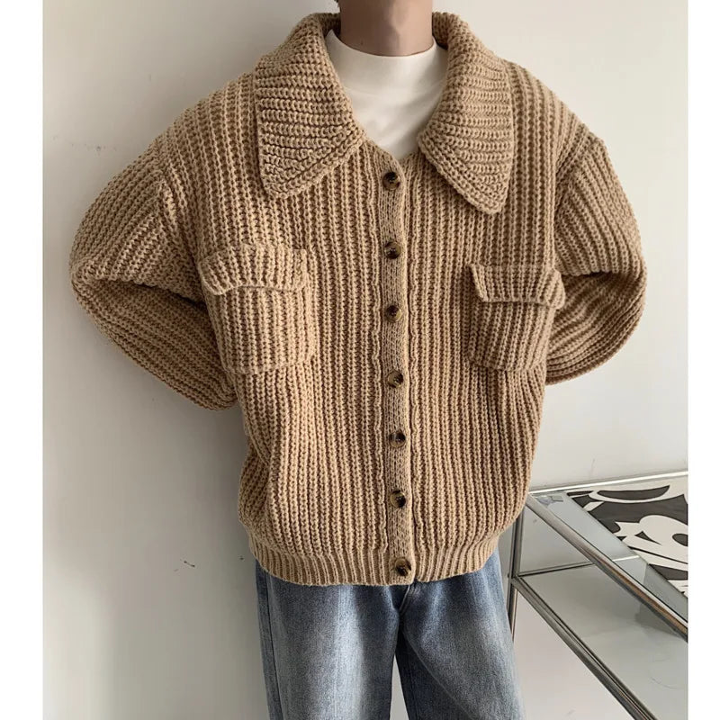 Threebooy Winter Thick Cardigan Sweater Men Warm Fashion Short Sweater Coat Men Korean Loose Lapel Sweater Cardigan Mens Jumper Clothes