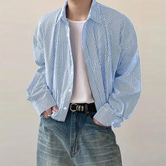 Threebooy  New Japanese Trendy Men Shirts Light Luxury Textured Lapel Striped Long Sleeve Cardigan Tops Leisure Premium Loose Blouse M-2XL