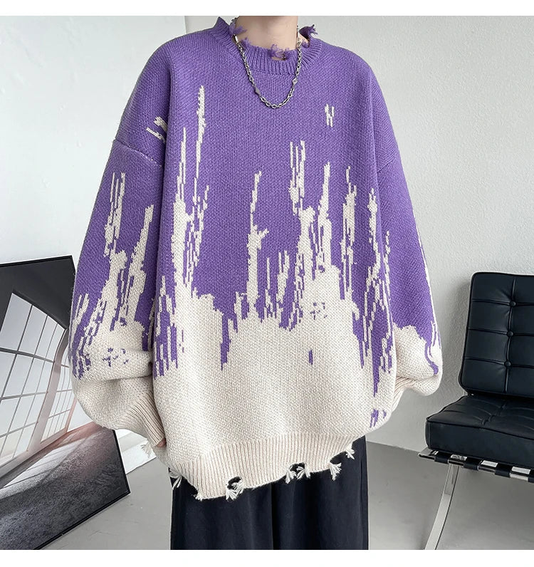 Threebooy Hip Hop Ripped Punk Knitted Sweaters Men Oversized Harajuku Streetwear Sweaters Winter Couples Fashion Knit Pullovers Tops
