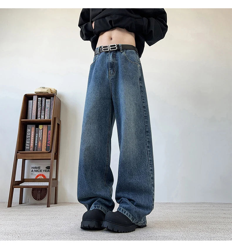 Threebooy Men's Wide Leg Curved-Knife Jeans Summer American Bamboo Pattern Striped Texture Design Men Trendy Denim Pants 2025 Baggy Jeans