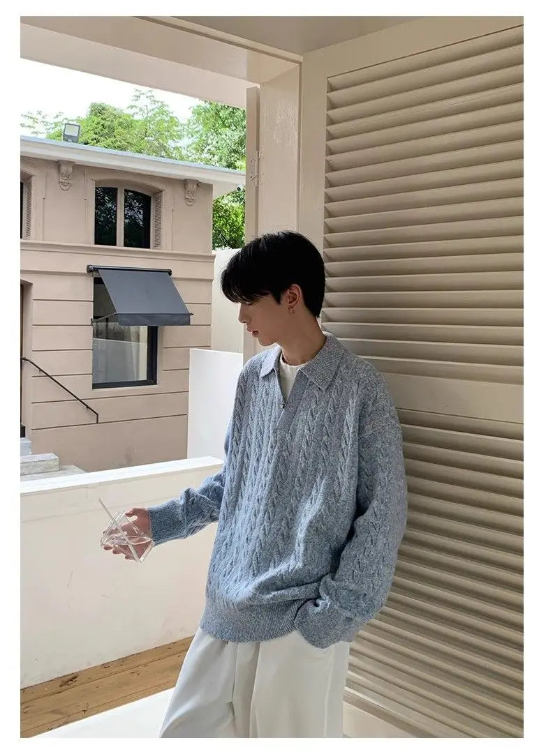 Threebooy Korean style spring and autumn men and women trendy street collar pullover sweater for couples loose retro street casual simple