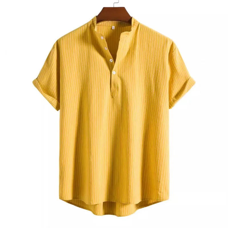 Threebooy Summer Men's Cotton Linen Stand Collar Short Sleeved Shirt
