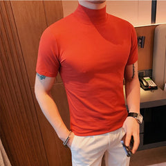 Threebooy  Summer T Shirt Men Short Sleeve Half High Neck Tight Fit T-shirt Fashion Casual Social Base Shirt Streetwear Tee Tops M-5XL