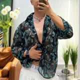 Threebooy Mens Sexy Floral Mesh See-Through Casual Long-Sleeved Shirt Genderless Fashion Versatile Personalized Lightweight Top Unisex