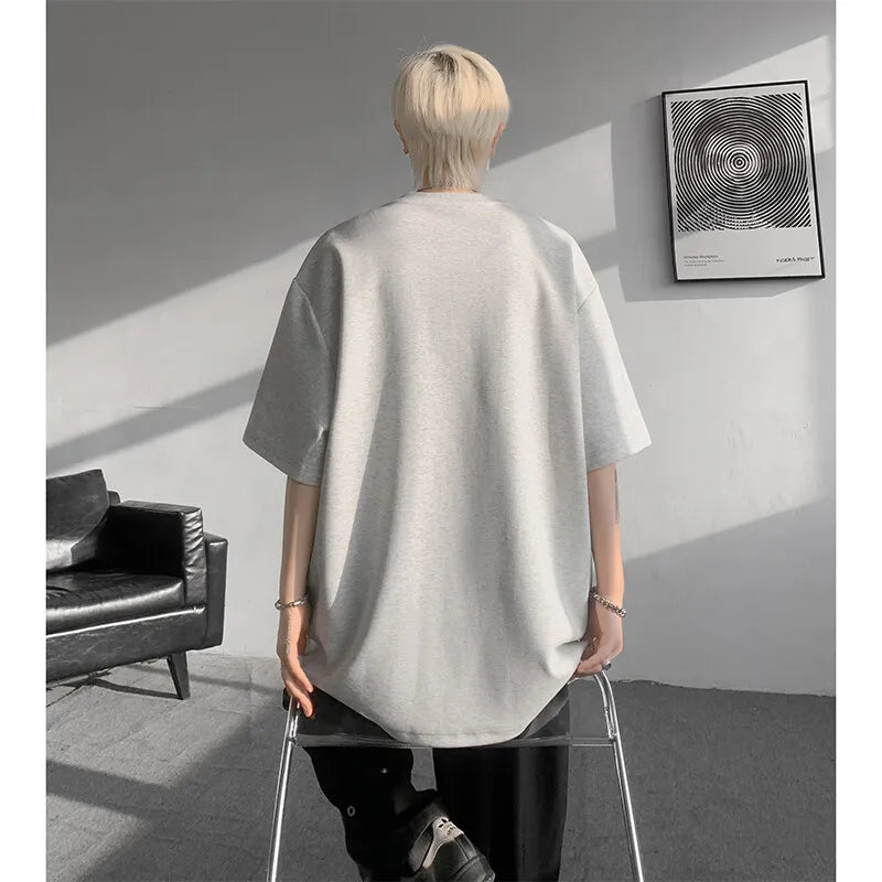 Threebooy  t shirt Men Loose Fit Crew Neck T-Shirt Solid Streetwear Urban Casual Patchwork Design Trendy Hip Hop Tee man 2024 Fashion