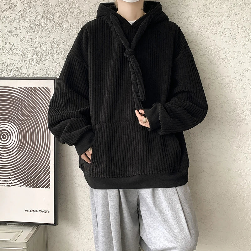 Threebooy High Quality Corduroy Men's Vertical Stripe Sweatshirts 2024 Thickened Long Sleeve Kangaroo Pocket Hoodie Hooded Pullover