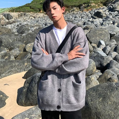 Threebooy  Loose Fit Long Sve V-Ne Knitted Cardigan Men's Autumn Winter Thiened Polyester Fiber Casual Sle Outerwear Coat