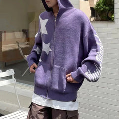 Threebooy Star Zipper Cardigan Men Hooded Knitted Sweater Y2K Streetwear Spring Fall American Loose Casual All-match Hooded Sweater Jacket