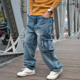 Threebooy Fashion Cargo Pants Men Casual Jeans Hiphop Trousers Straight Loose Baggy Streetwear Denm Large Size Retro Distressed Pocket