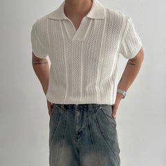 Threebooy New Fashion Men's Clothing Luxury Korean Popular Hollow Out Polo Shirt Leisure V Neck Short Sleeve Solid Color Retro Knitwear
