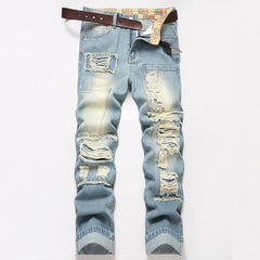 Threebooy Light Blue Slim Fit Men's Ripped Loose Jeans Elastic Hole Design Versatile Male High Street Beggar Denim Pants Retro Washed