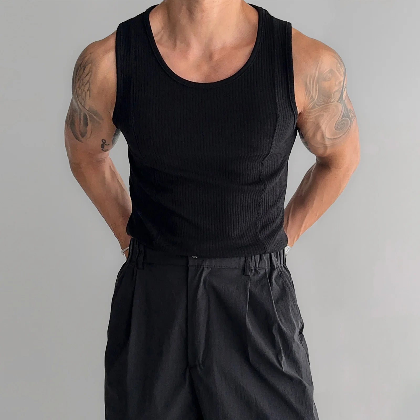 Threebooy Summer Men Striped Stretch Tight Sweatshirt Vest Running Cross Shaped T-shirt For Fitness Sleeveless Tank Top