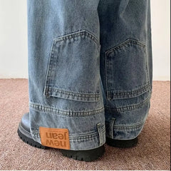 Threebooy American Style High Street Upside Down Design Sensibility Jeans European Hip Hop Streetwear Men's Fit Straight Leg Pants