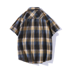 Threebooy Korean Style Plaid Shirts For Men Short Sleeve Fashion Turn-down Collar Blouses Hip Hop Male Clothing