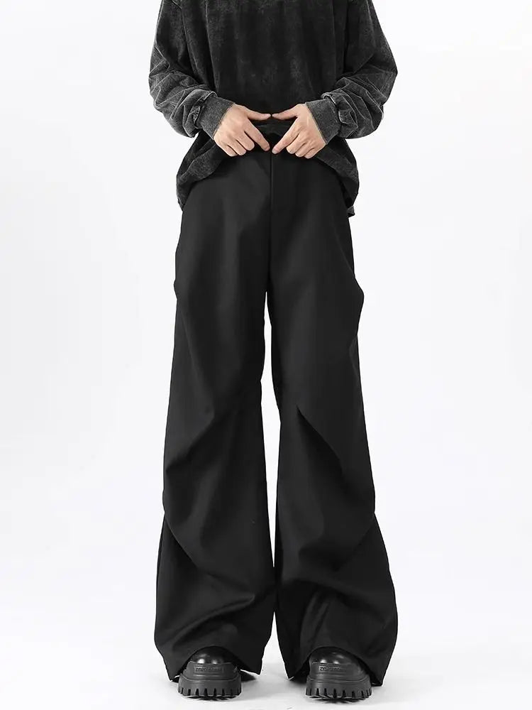 Threebooy American High Street Pleated Pants Floor Mopping Micro Trumpet Black Trousers Luxury Sense Clean Fit Casual Curved Knife Pants